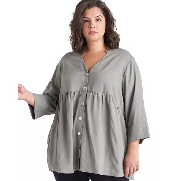 NWT Black Tape Garden Leaf Button Front V Neck 3/4 Sleeve Tunic Top Womens 2X - Picture 1 of 8